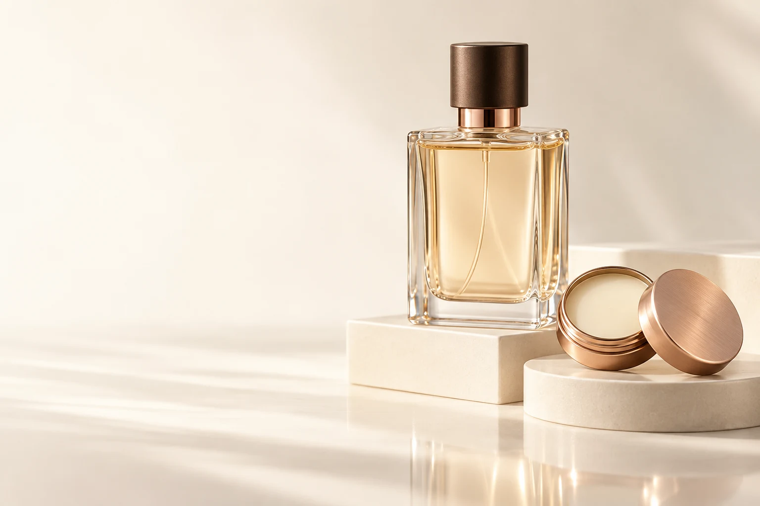 Spray perfume bottle and open solid perfume packaging concepts on an ivory studio set