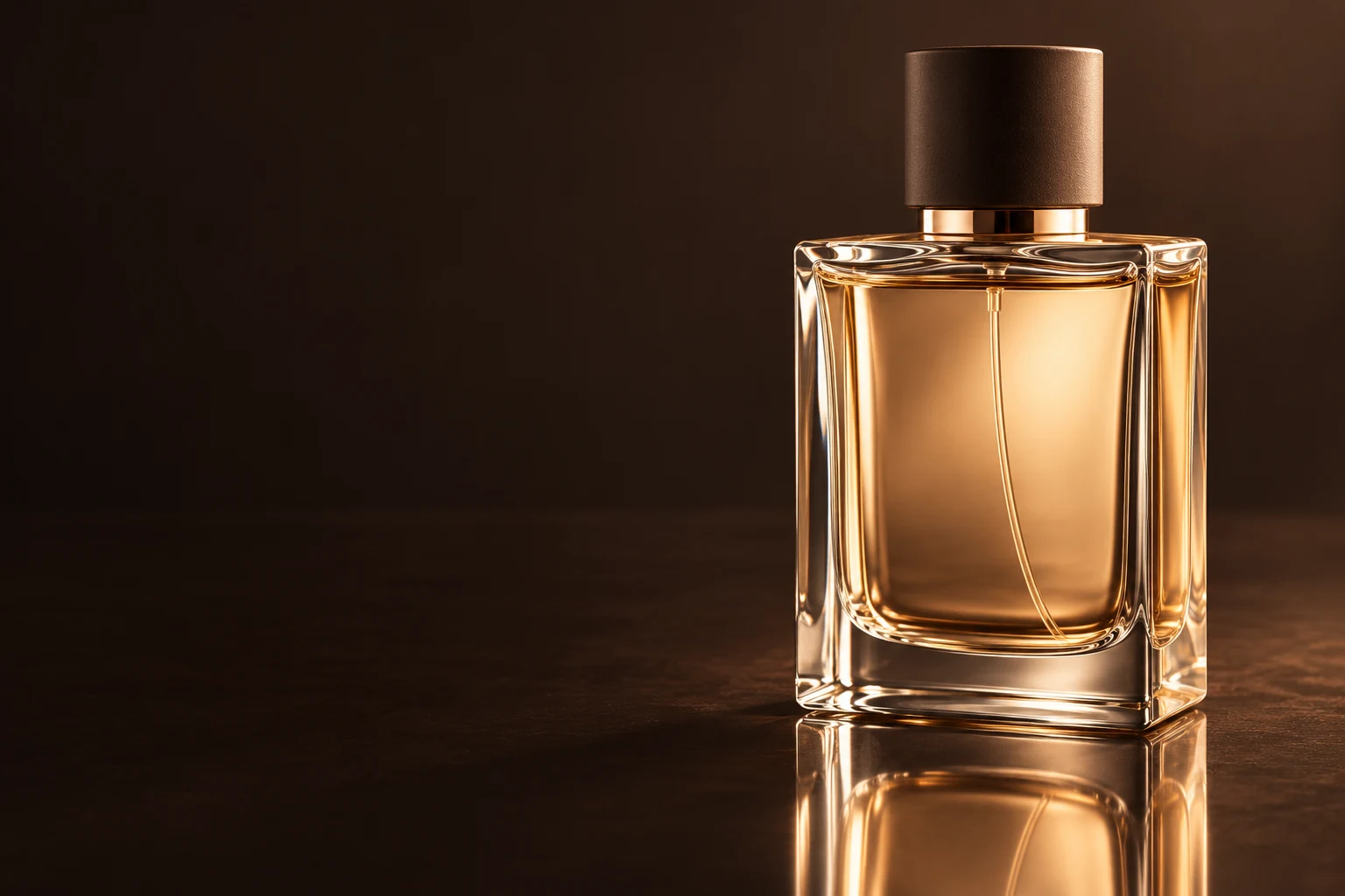 Spray perfume bottle packaging concept against an espresso background